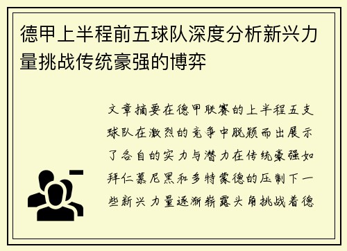 德甲上半程前五球队深度分析新兴力量挑战传统豪强的博弈